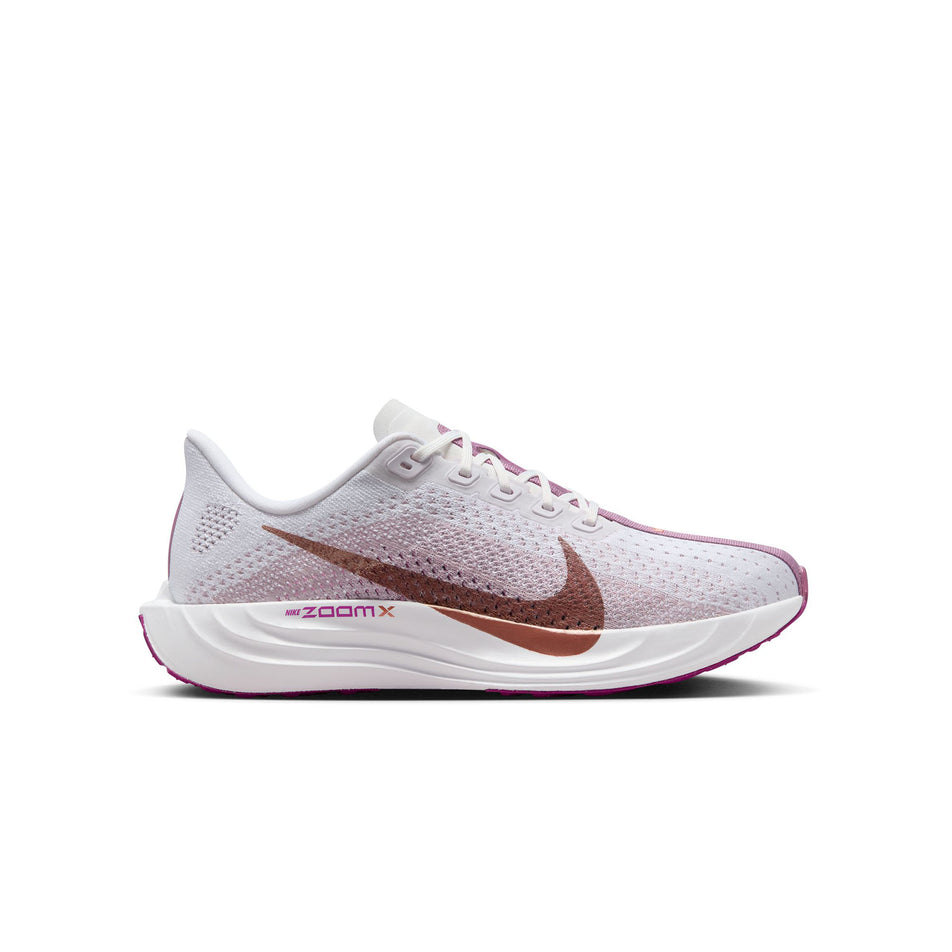 Lateral side of the right shoe from a pair of Nike Women's Pegasus Plus Road Running Shoes in the White/Mtlc Red Bronze-Platinum Violet colourway. (8503170465954)