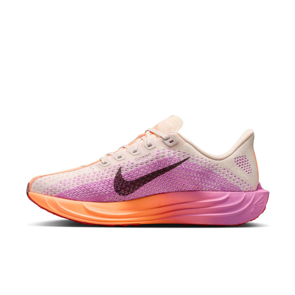 Medial view of the right shoe from a pair of Nike Women's Pegasus Plus Road Running Shoes in the Chalk/Tattoo-Light Magenta-Bright Crimson colourway.