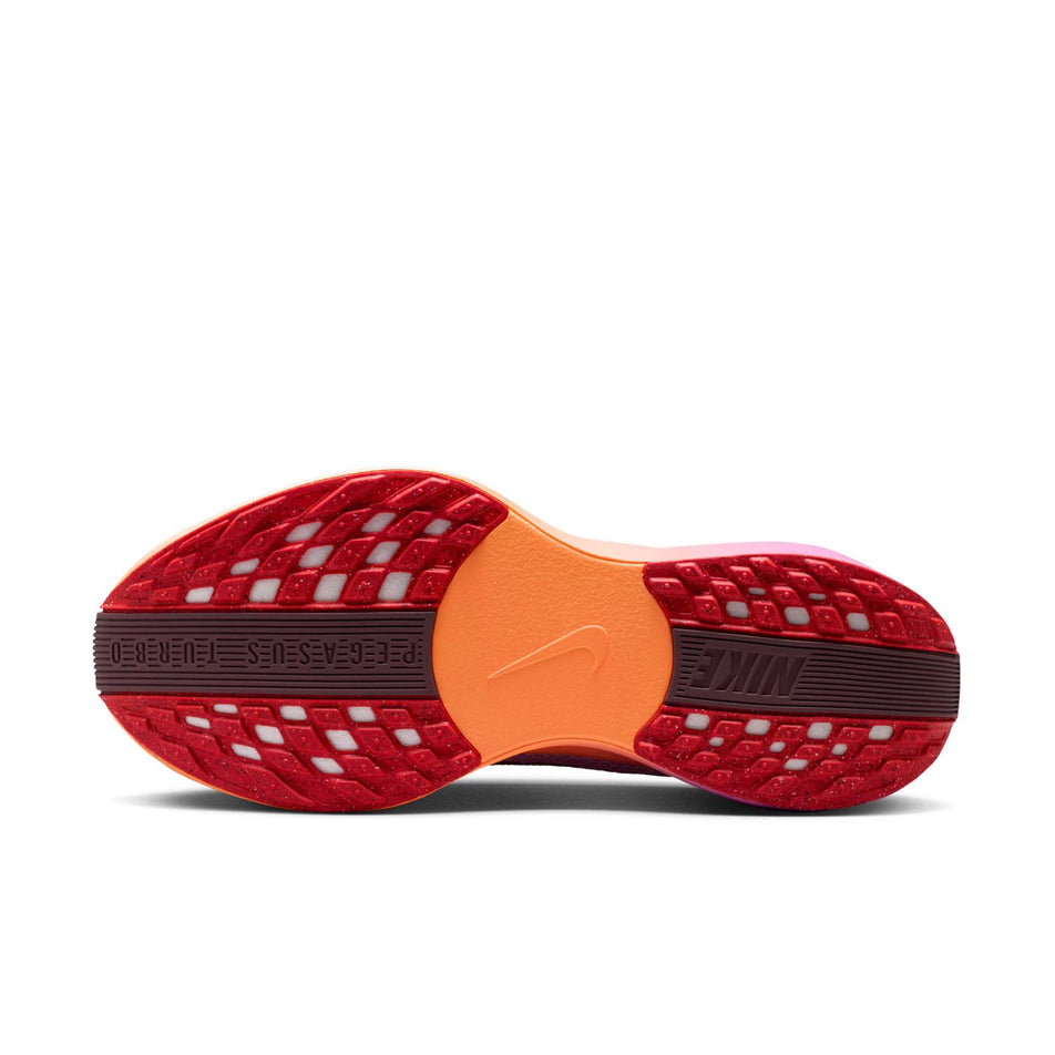The outsole of the left shoe from a pair of Nike Women's Pegasus Plus Road Running Shoes in the Chalk/Tattoo-Light Magenta-Bright Crimson colourway.