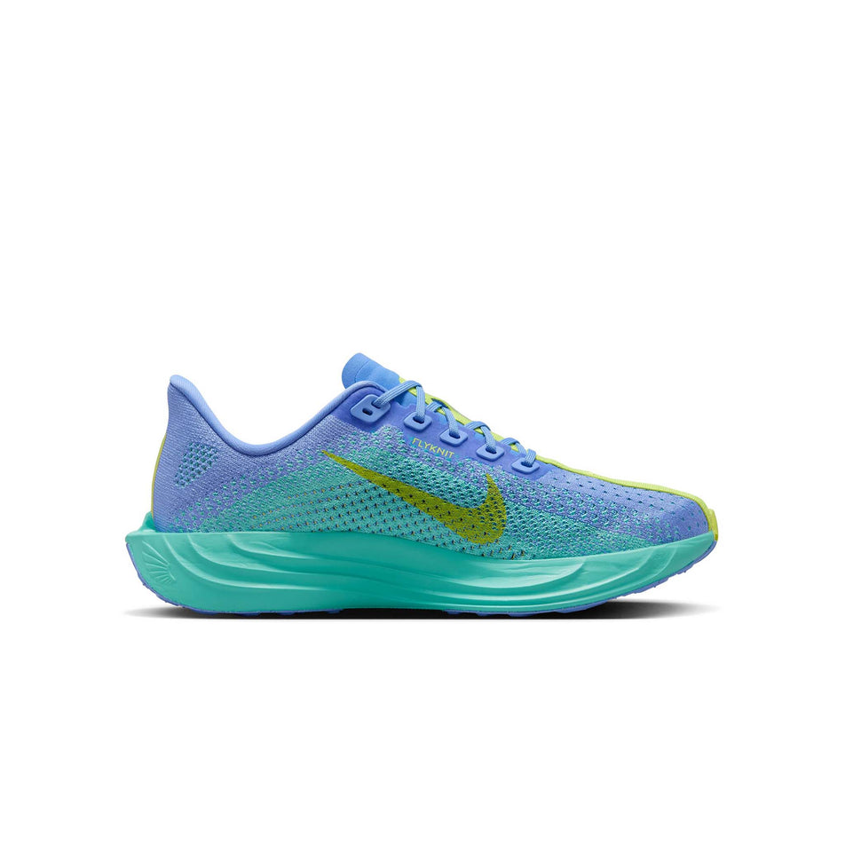 Medial side of the left shoe from a pair of Nike Women's Pegasus Plus Road Running Shoes in the Royal Pulse/Cyber-Green Frostblack colourway. (8503177937058)