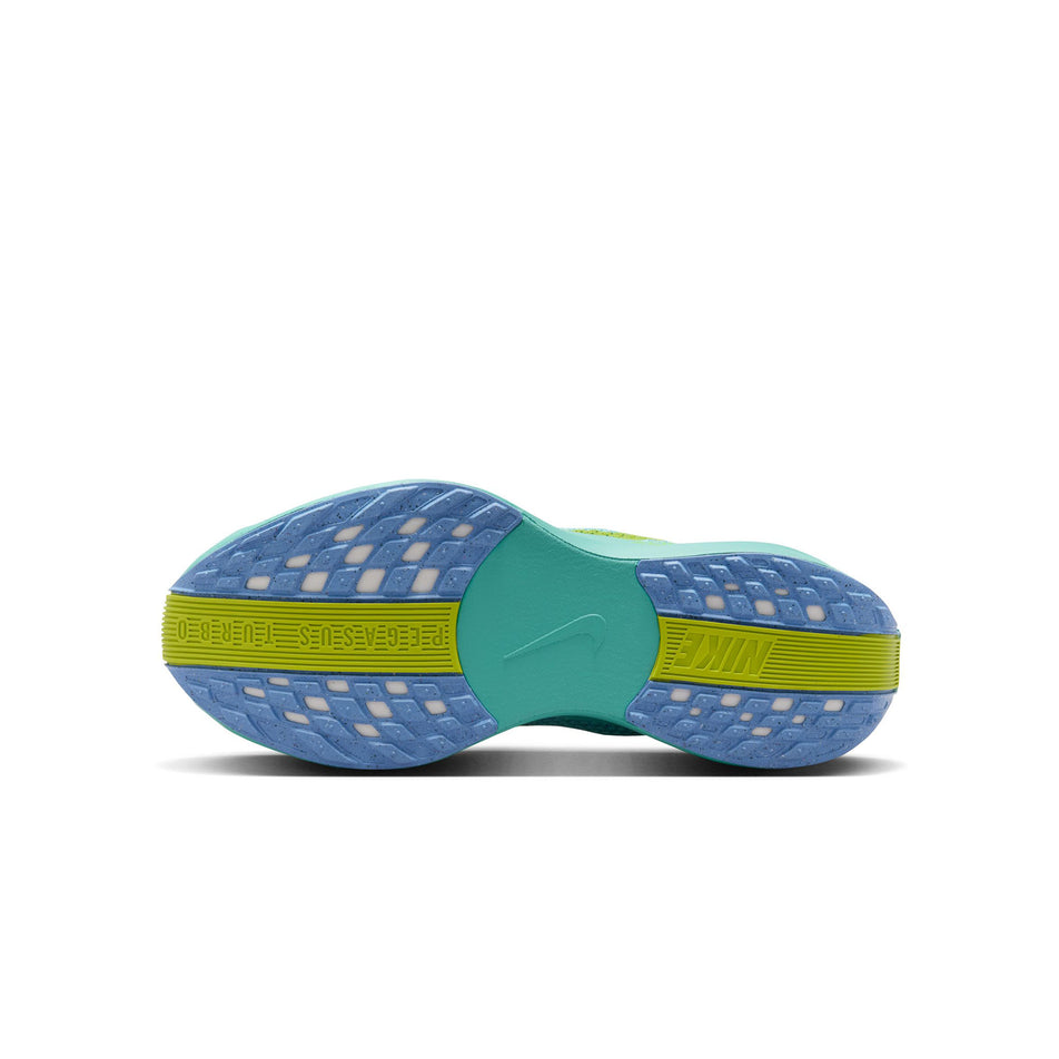 The outsole of the left shoe from a pair of Nike Women's Pegasus Plus Road Running Shoes in the Royal Pulse/Cyber-Green Frostblack colourway. (8503177937058)