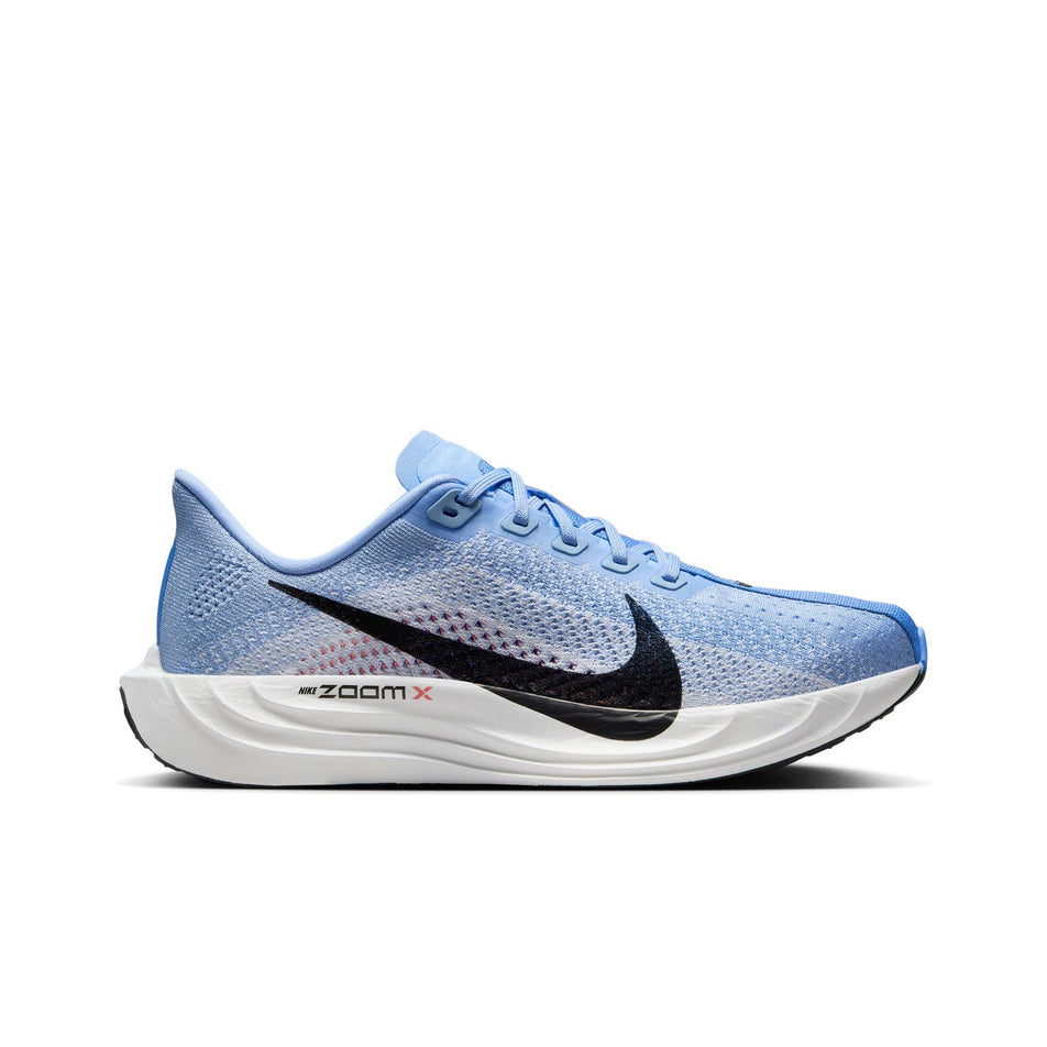 Lateral side of the right shoe from a pair of Nike Women's Pegasus Plus Road Running Shoes in the Aluminium/Black-Royal Pulse White colourway. (8558431240354)