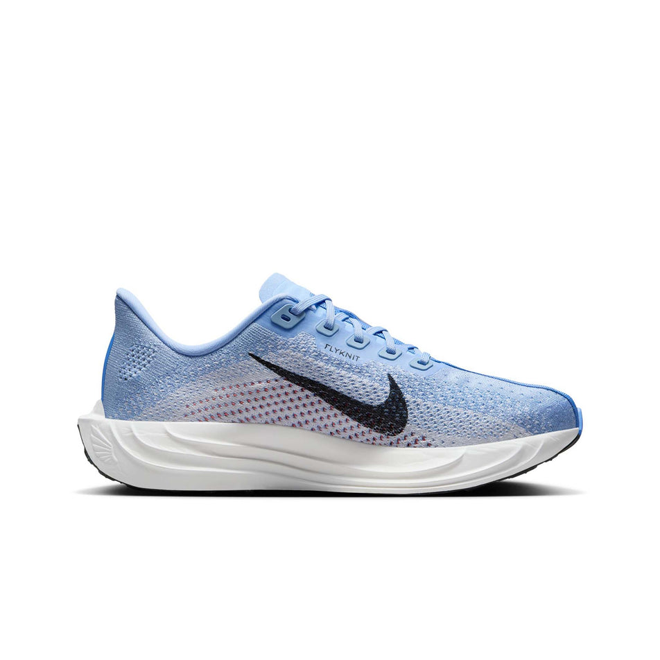 Medial side of the left shoe from a pair of Nike Women's Pegasus Plus Road Running Shoes in the Aluminium/Black-Royal Pulse White colourway. (8558431240354)