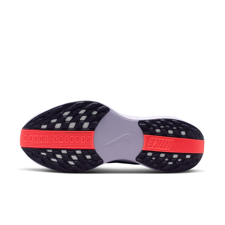 The outsole of the left shoe from a pair of Nike Women's Pegasus Plus Road Running Shoes in the Sapphire/Purple Dynasty-Light Thistle colourway.