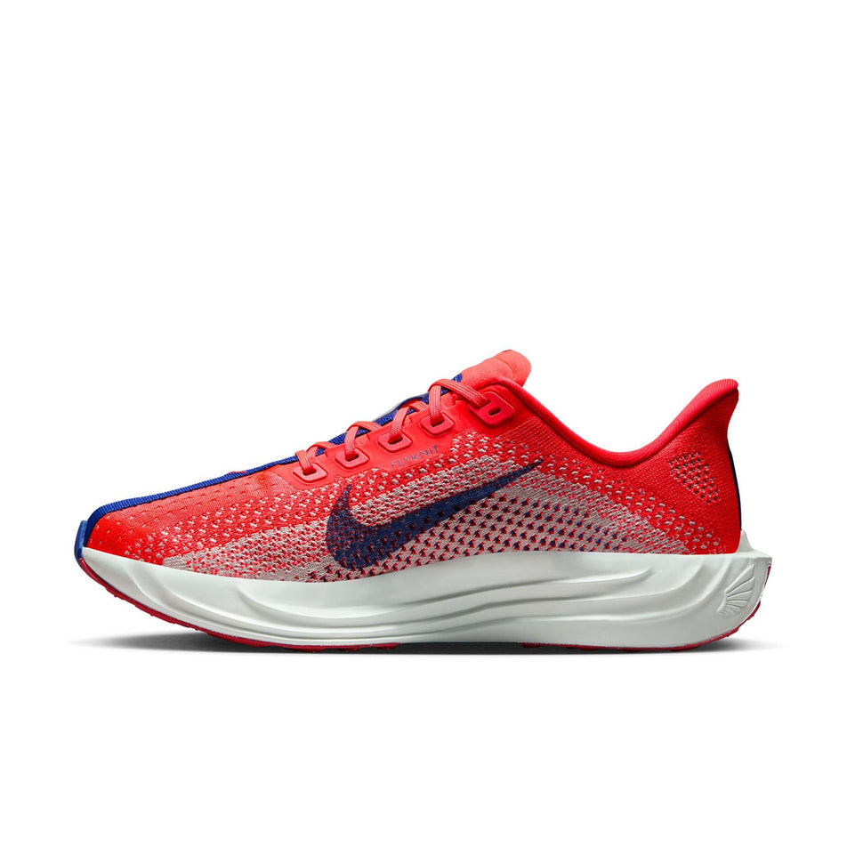Medial view of the right shoe from a pair of Nike Women's Pegasus Plus Road Running Shoes in the Bright Crimson/Deep Royal Blue-Silt colourway. (8686778581154)