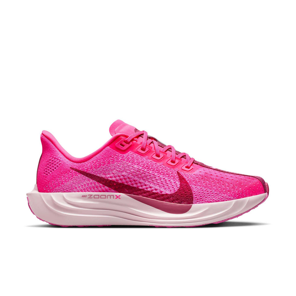 Lateral view of the right shoe from a pair of Nike Women's Pegasus Plus Road Running Shoes in the Hyper Pink/Sweet Beet-Playful Pink colourway. (8756146241698)
