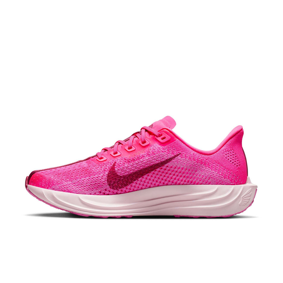 Medial view of the right shoe from a pair of Nike Women's Pegasus Plus Road Running Shoes in the Hyper Pink/Sweet Beet-Playful Pink colourway. (8756146241698)