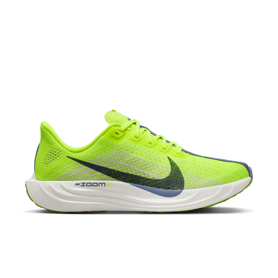 Lateral view of the right shoe from a pair of Nike Women's Pegasus Plus Road Running Shoes in the Volt/World Indigo-Platinum Tint-White colourway. (8756150173858)