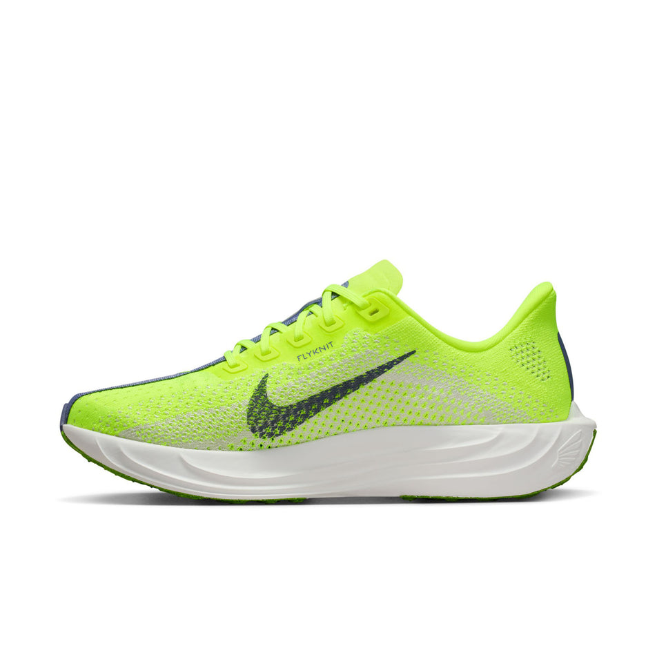 Medial view of the right shoe from a pair of Nike Women's Pegasus Plus Road Running Shoes in the Volt/World Indigo-Platinum Tint-White colourway. (8756150173858)