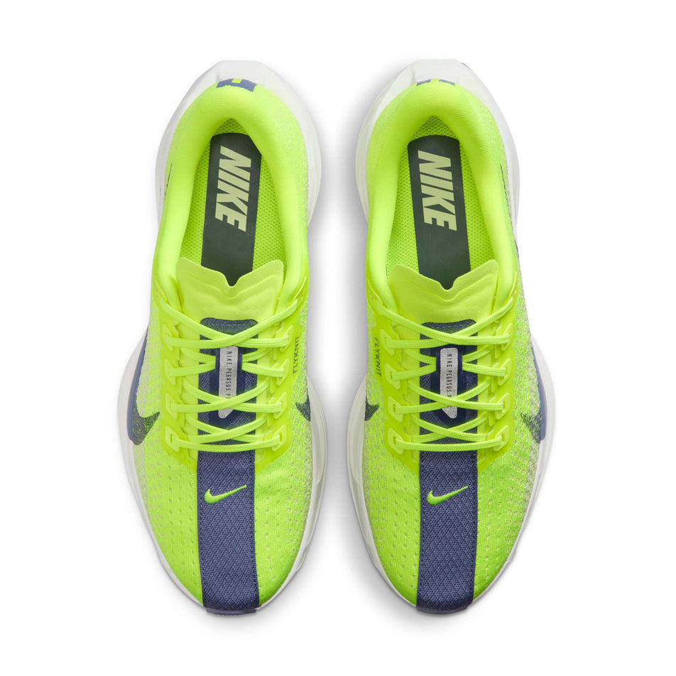 The uppers of a pair of Nike Women's Pegasus Plus Road Running Shoes in the Volt/World Indigo-Platinum Tint-White colourway. (8756150173858)