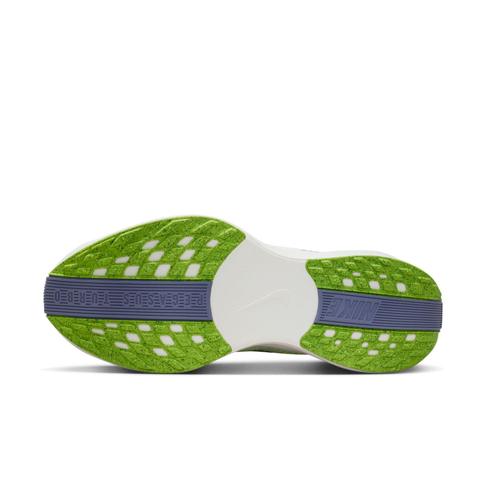 The outsole of the left shoe from a pair of Nike Women's Pegasus Plus Road Running Shoes in the Volt/World Indigo-Platinum Tint-White colourway. (8756150173858)