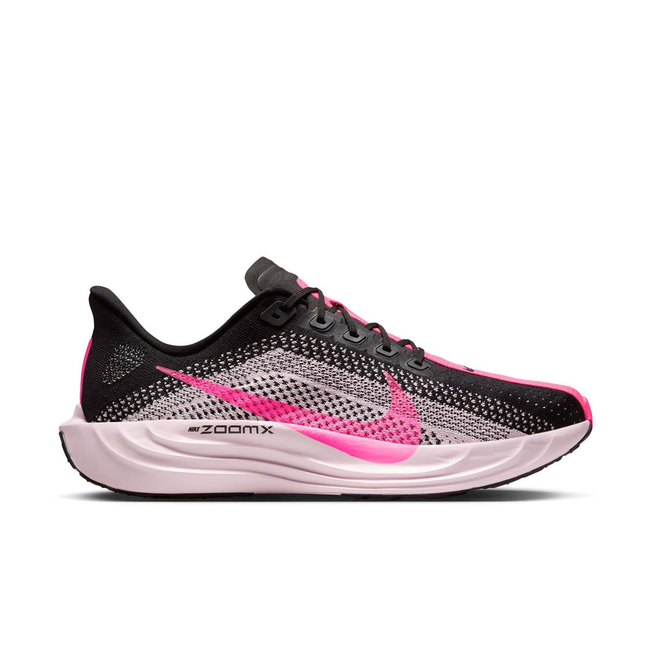 Lateral view of the right shoe from a pair of Nike Men's Pegasus Plus Road Running Shoes in the Black/Hyper Pink-Pink Foam colourway. (8791545610402)