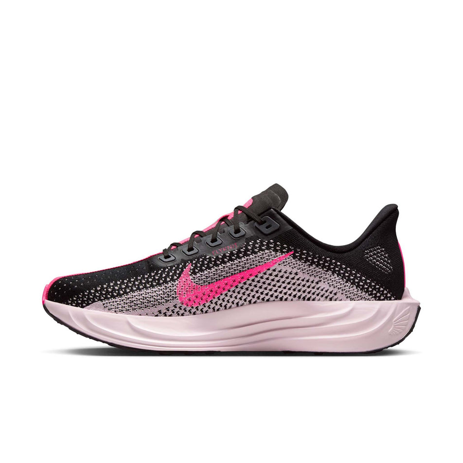 Medial view of the right shoe from a pair of Nike Men's Pegasus Plus Road Running Shoes in the Black/Hyper Pink-Pink Foam colourway. (8791545610402)