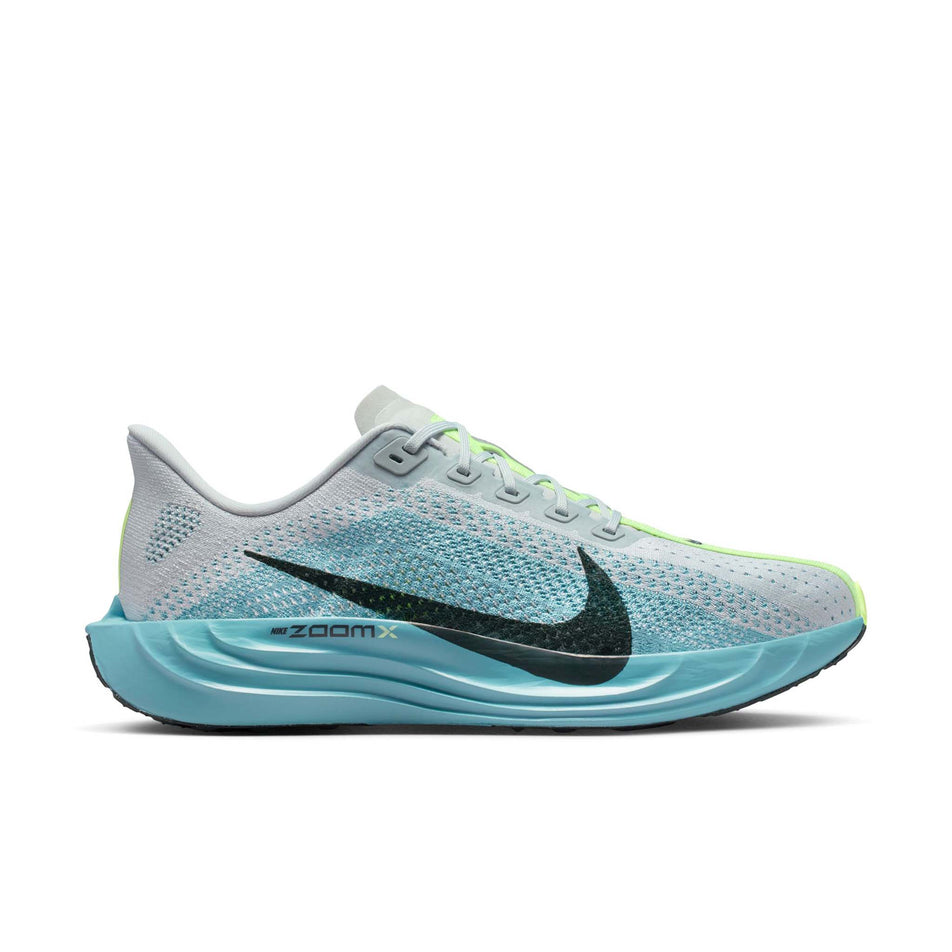 Lateral view of the right shoe from a pair of Nike Men's Pegasus Plus Road Running Shoes in the Pure Platinum/Seaweed-Denim Turquoise colourway. (8754770018466)