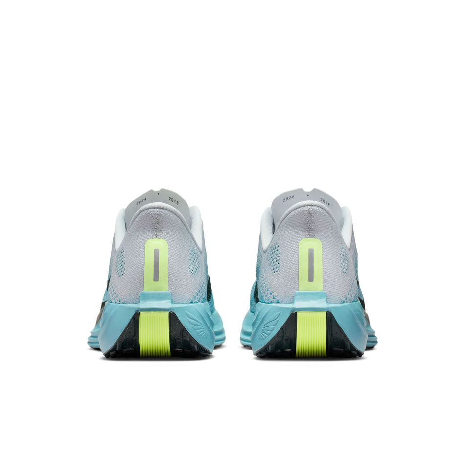 The back of a pair of Nike Men's Pegasus Plus Road Running Shoes in the Pure Platinum/Seaweed-Denim Turquoise colourway. (8754770018466)