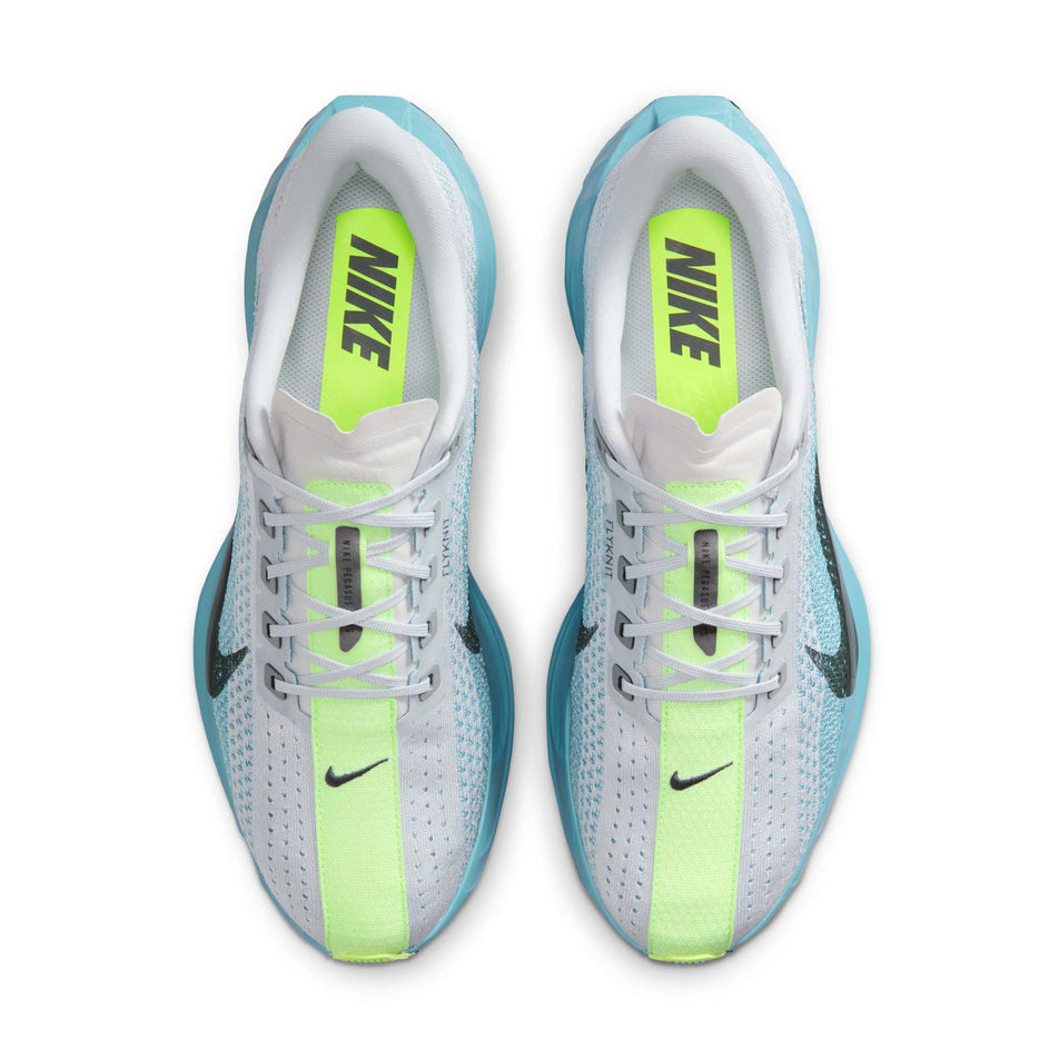 The uppers of a pair of Nike Men's Pegasus Plus Road Running Shoes in the Pure Platinum/Seaweed-Denim Turquoise colourway. (8754770018466)