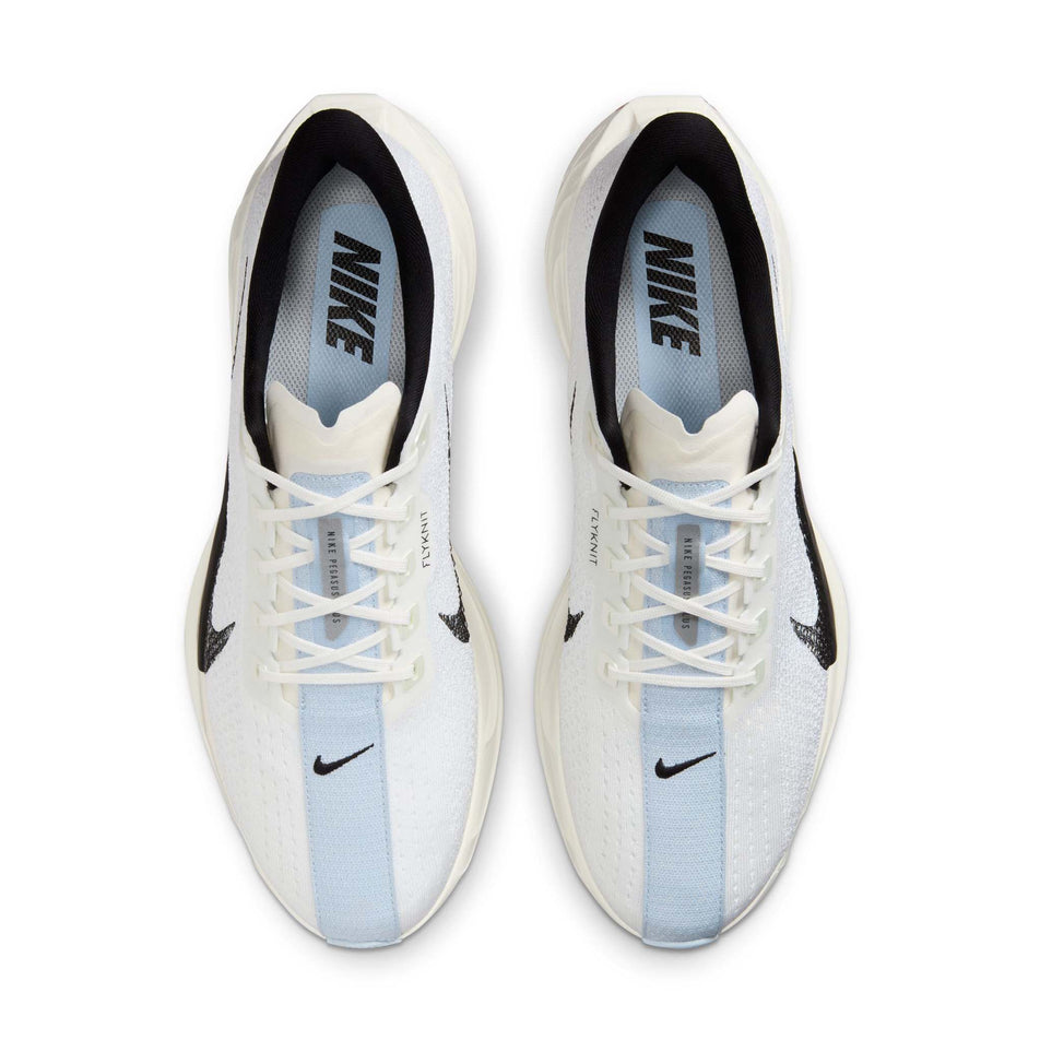 The uppers on a pair of Nike Men's Pegasus Plus Road Running Shoes in the White/Black-Sail-Blue Tint colourway.  (8614356779170)