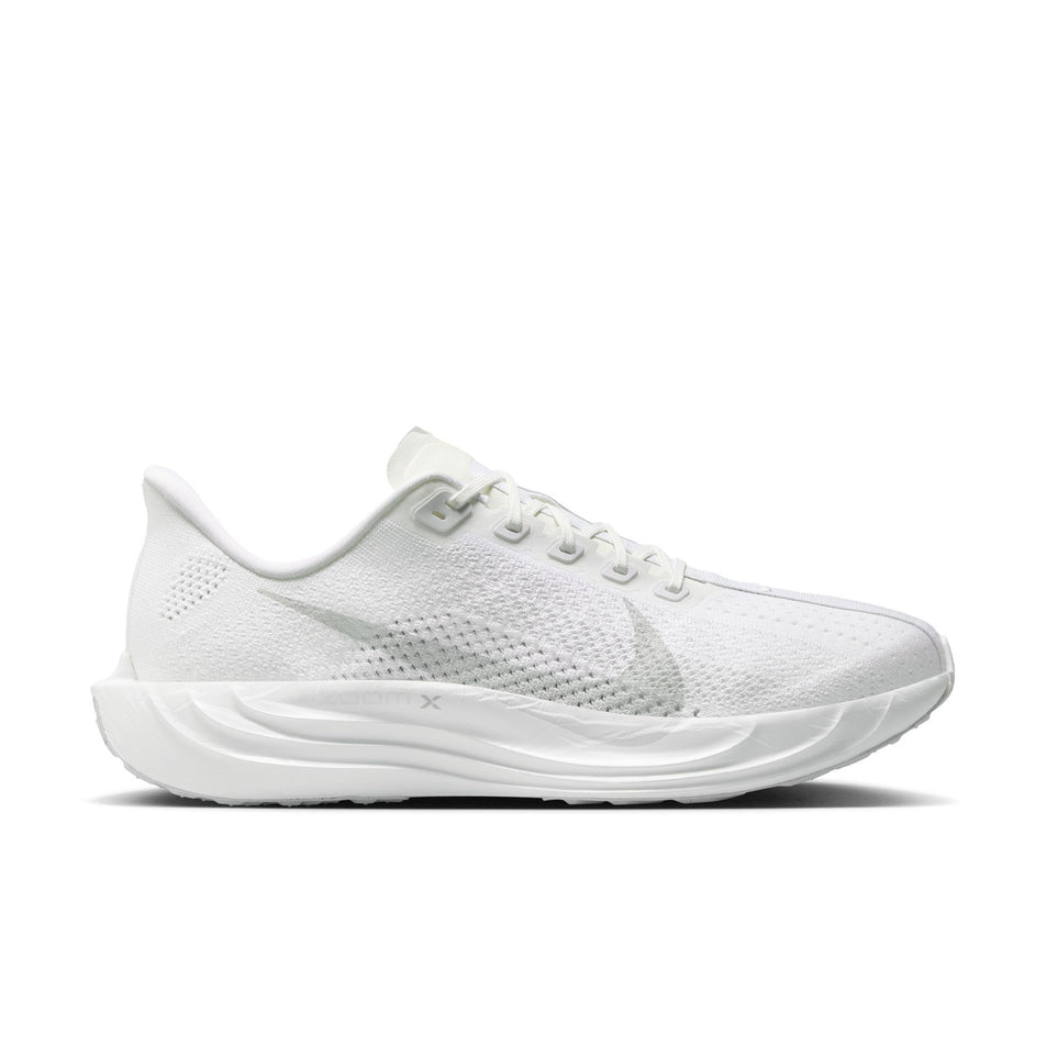 Lateral view of the right shoe from a pair of Nike Men's Pegasus Plus Road Running Shoes in the White/Pure Platinum-Wolf Grey colourway. (8683735351458)