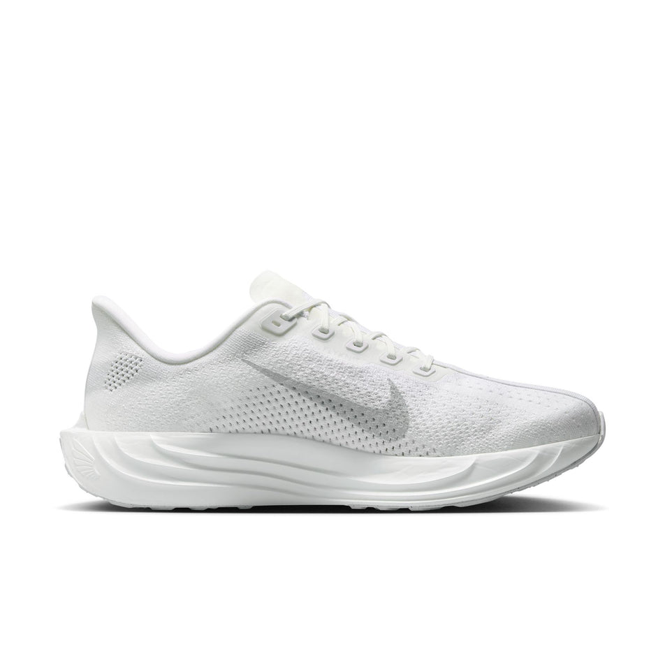 Medial view of the left shoe from a pair of Nike Men's Pegasus Plus Road Running Shoes in the White/Pure Platinum-Wolf Grey colourway. (8683735351458)