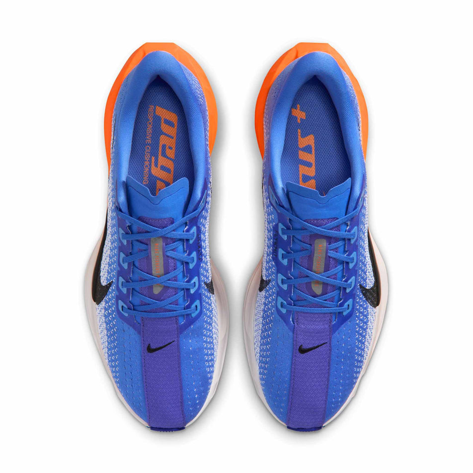 The uppers of a pair of Nike Men's Pegasus Plus Road Running Shoes in the Crystal Blue/Off-Noir-Hydrogen Blue colourway.