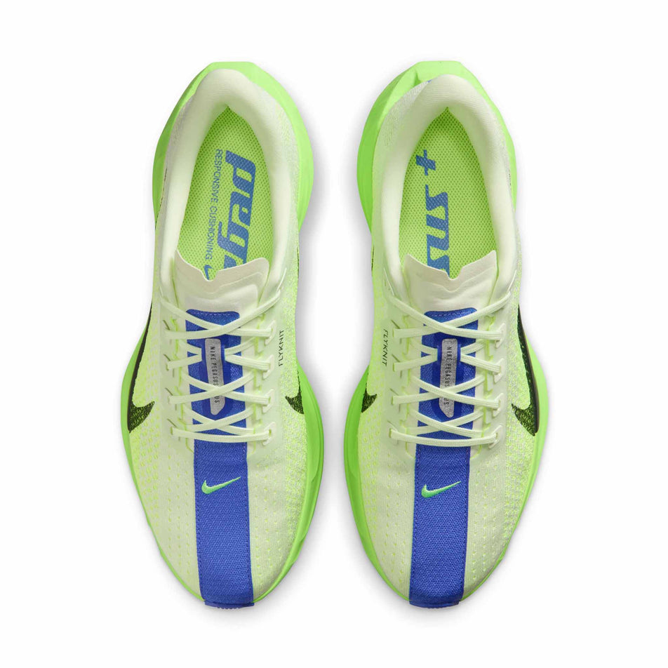 The uppers of a pair Nike Men's Pegasus Plus Road Running Shoes in the Volt Ice/Black Spruce-Volt Tint colourway.