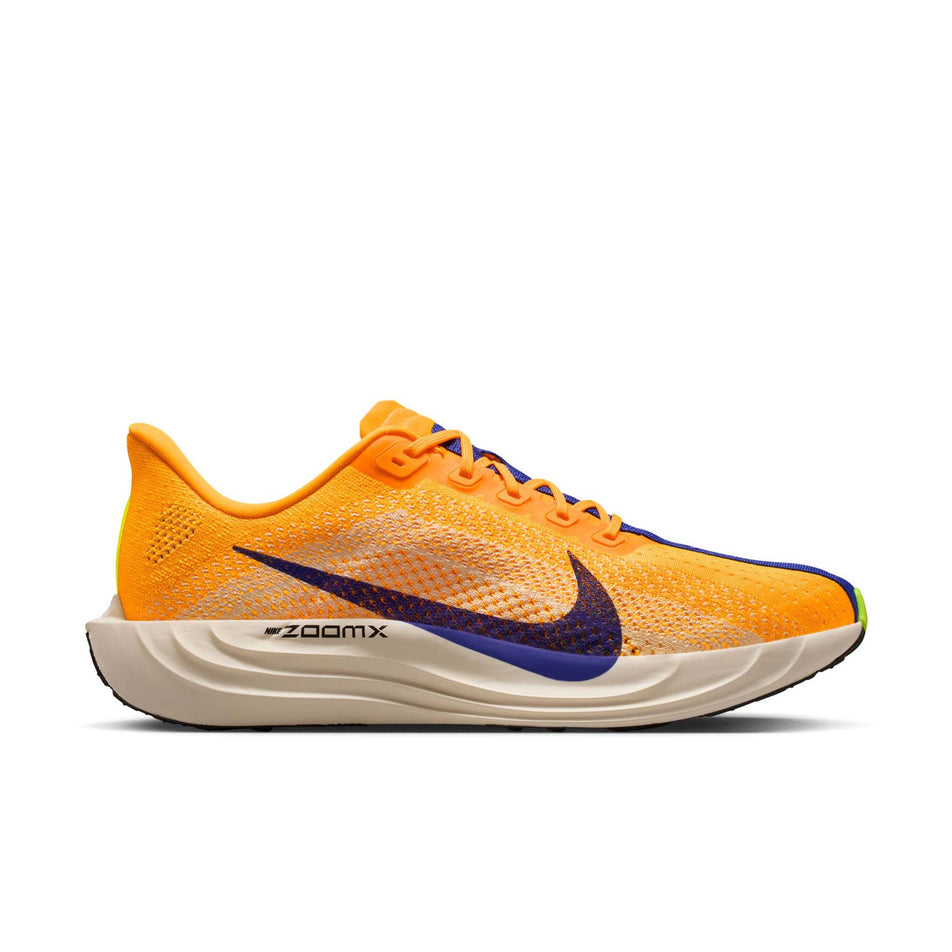 Lateral view of the right shoe from a pair of Nike Men's Pegasus Plus Road Running Shoes in the Laser Orange/Indigo Burst-Alabaster-Sail colourway.