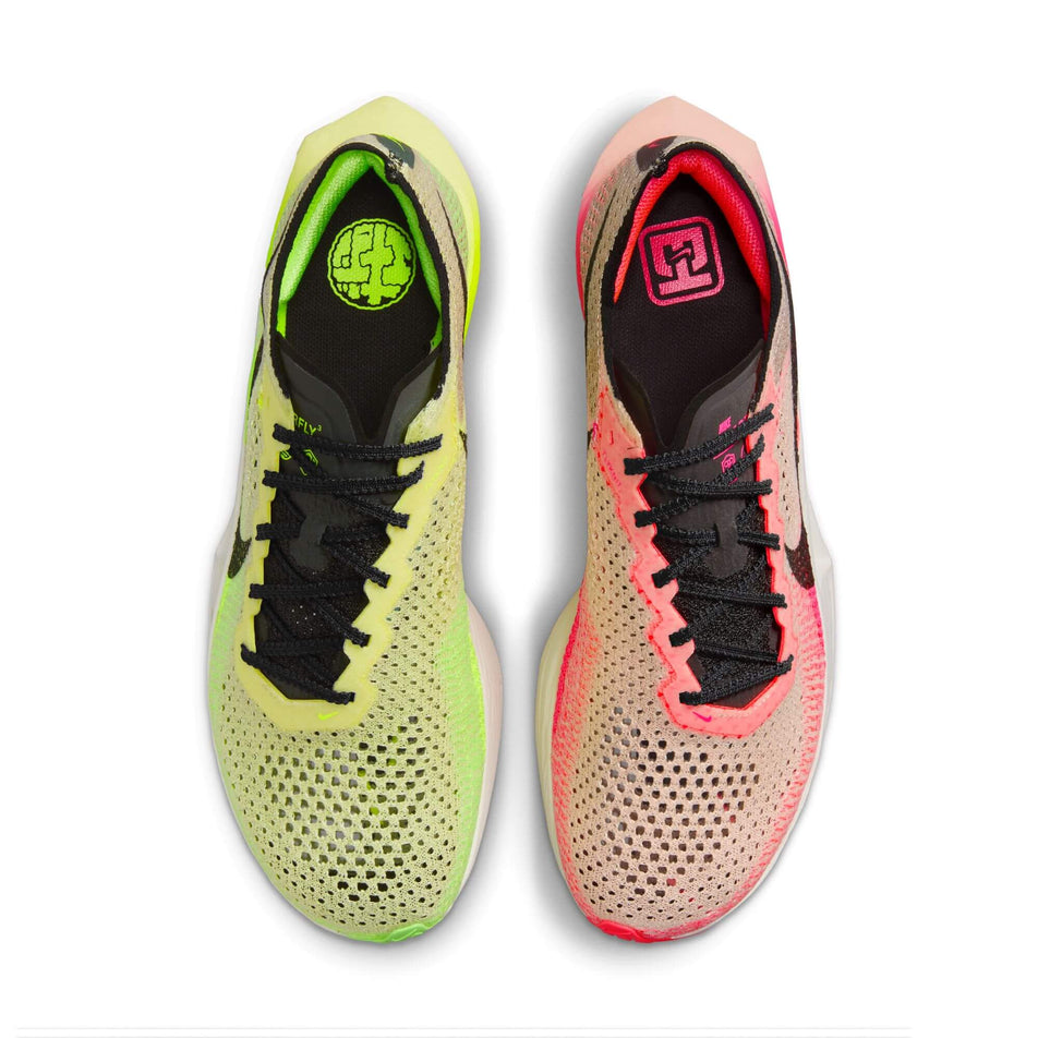The uppers on a pair of Men's Vaporfly 3 Road Racing Shoes in the  Luminous Green/Black-Crimson Tint-Volt colourway (8104386068642)