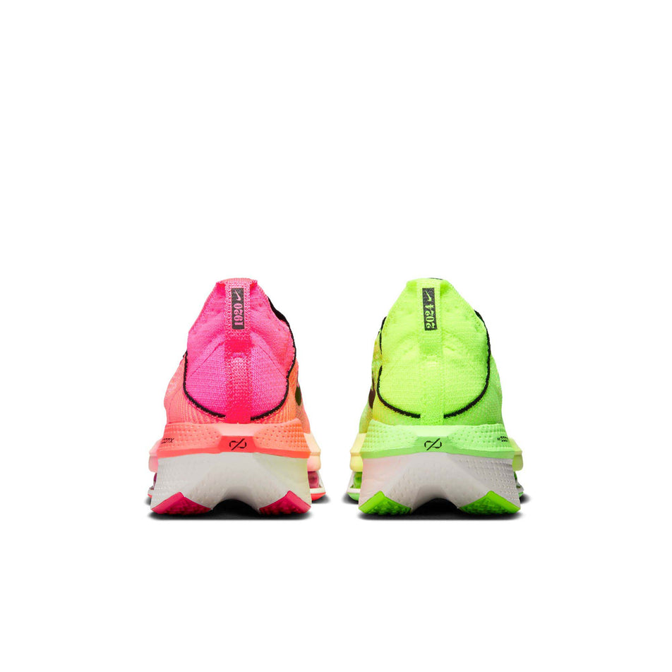 The back of a pair of Nike Men's Alphafly 2 Road Racing Shoes in the Luminous Green/Black-Crimson Tint-Volt colourway (8104378957986)
