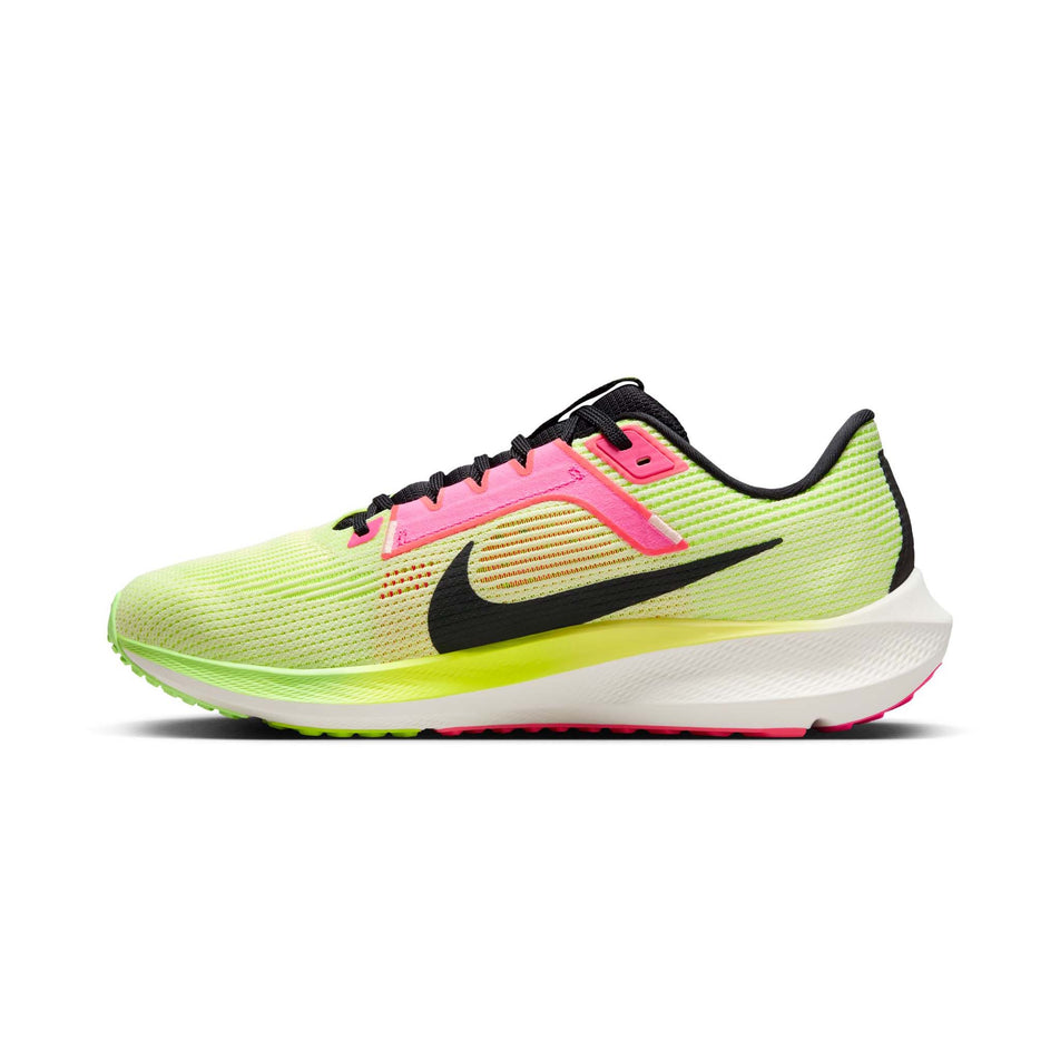 Medial side of the right shoe from a pair of Nike Men's Pegasus 40 Premium Road Running Shoes in the Luminous Green/Black-Volt-Lime Blast colourway (8104371880098)