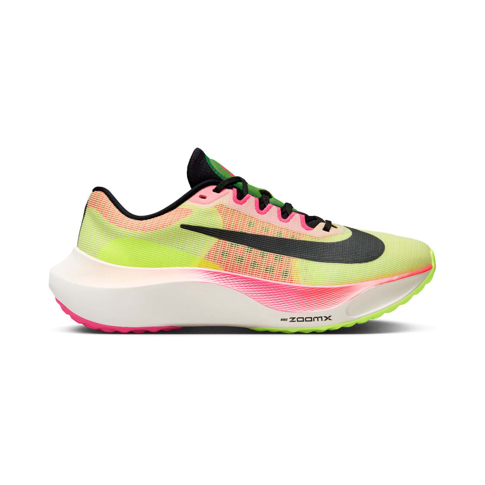 Lateral side of the right shoe from a pair of Nike Men's Zoom Fly 5 Premium Road Running Shoes in the Luminous Green/Black-Volt-Lime Blast colourway (8104392294562)