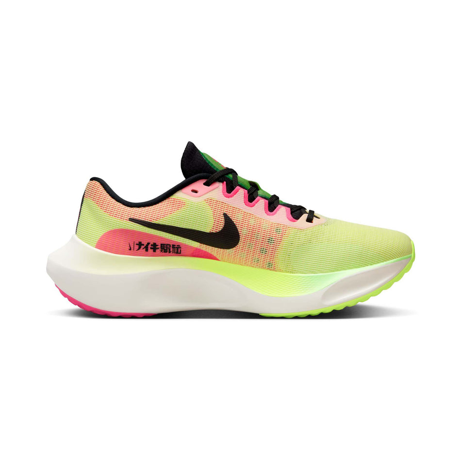 Medial side of the left shoe from a pair of Nike Men's Zoom Fly 5 Premium Road Running Shoes in the Luminous Green/Black-Volt-Lime Blast colourway (8104392294562)