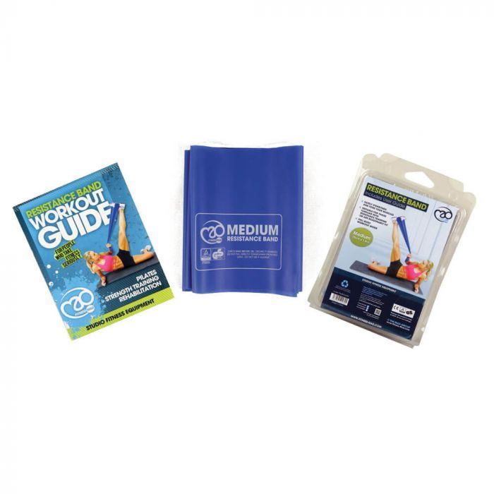 A Fitness-Mad Medium Resistance Band 1.5m x 15cm, guide, and packaging. (8218218102946)