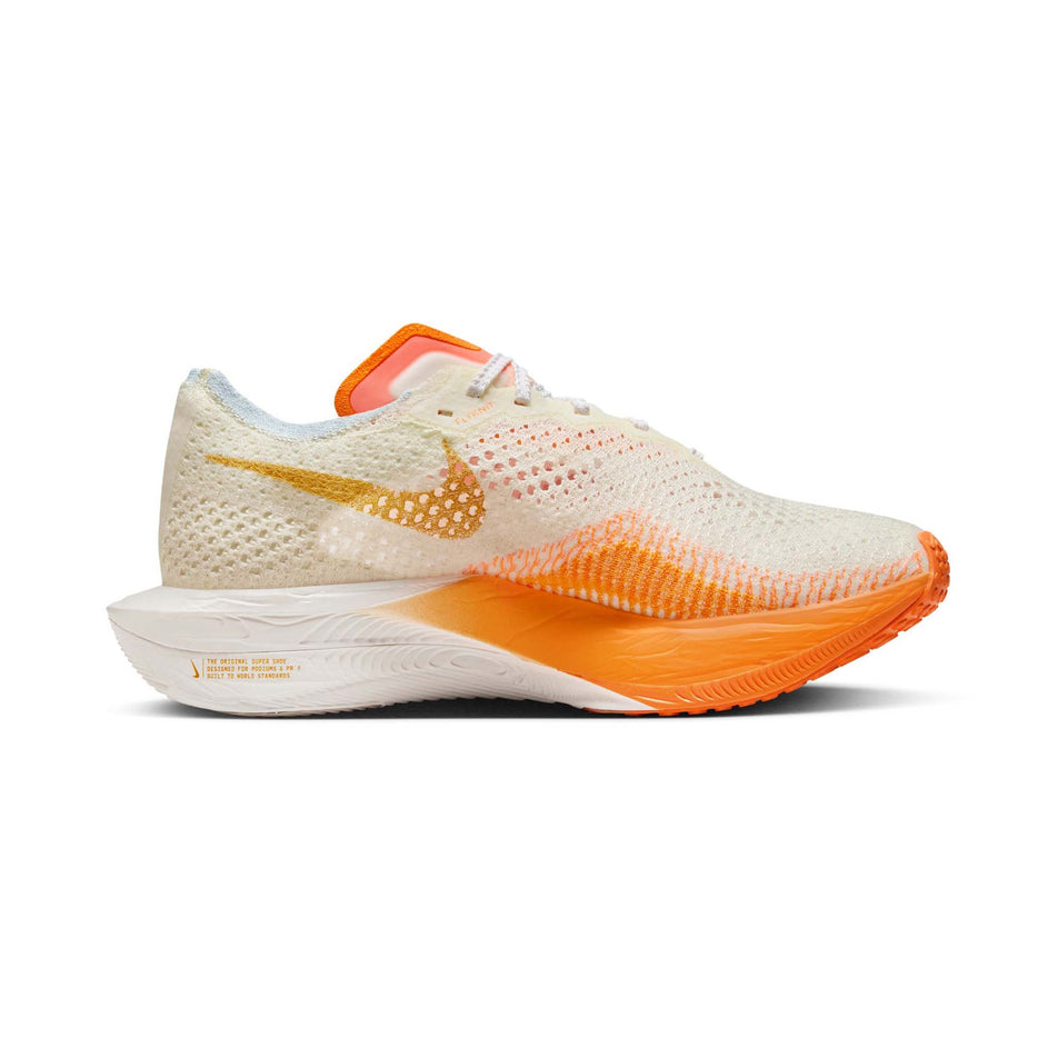 Medial side of the left shoe from a pair of Nike Women's Vaporfly 3 Road Racing Shoes in the Coconut Milk/Bright Mandarin-Sail colourway (8281187680418)