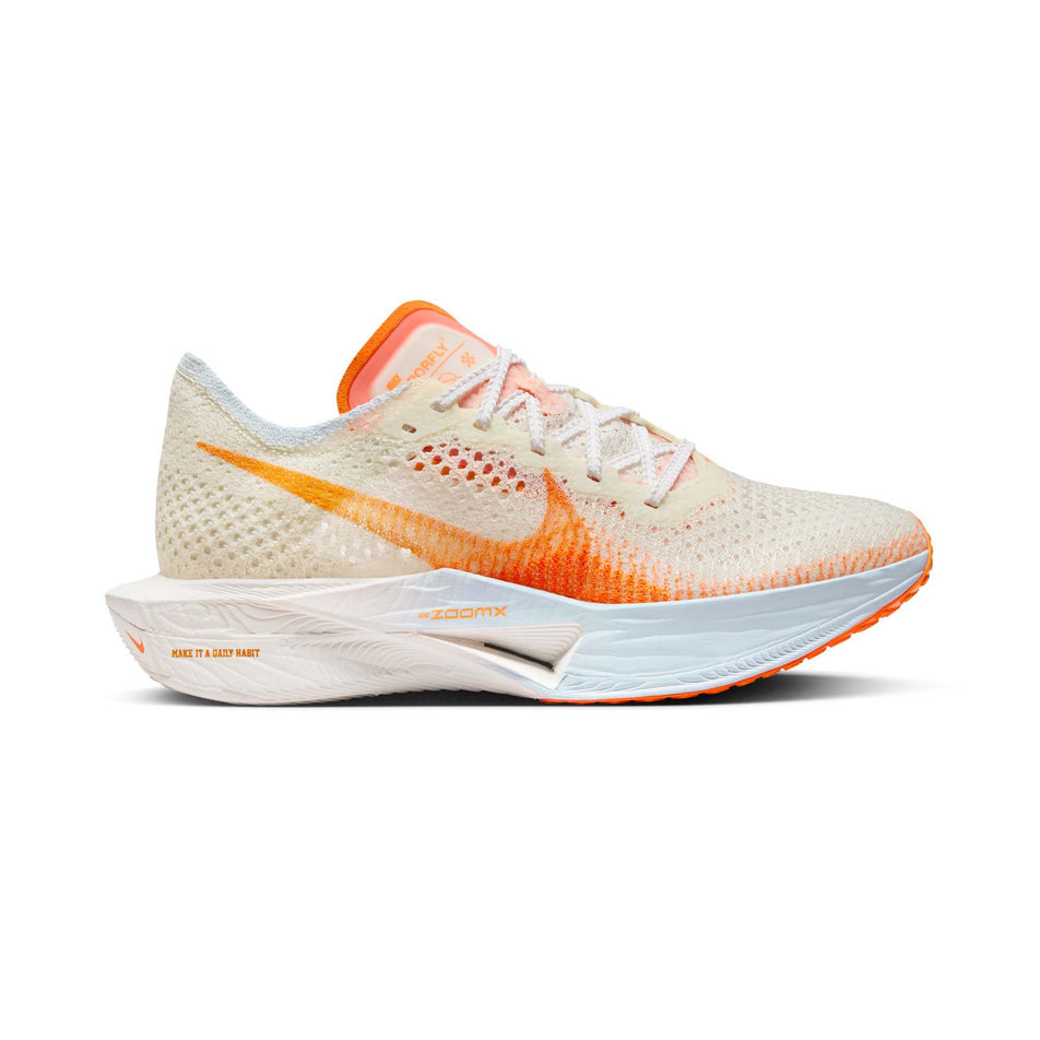Lateral side of the right shoe from a pair of Nike Women's Vaporfly 3 Road Racing Shoes in the Coconut Milk/Bright Mandarin-Sail colourway (8281187680418)