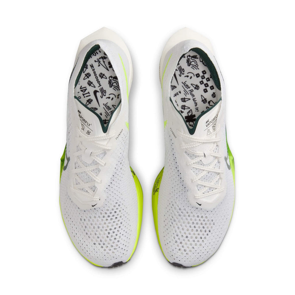 The uppers on a pair of Nike Men's Vaporfly 3 Road Racing Shoes in the White/Pro Green-Volt-Sail colourway (8155641217186)