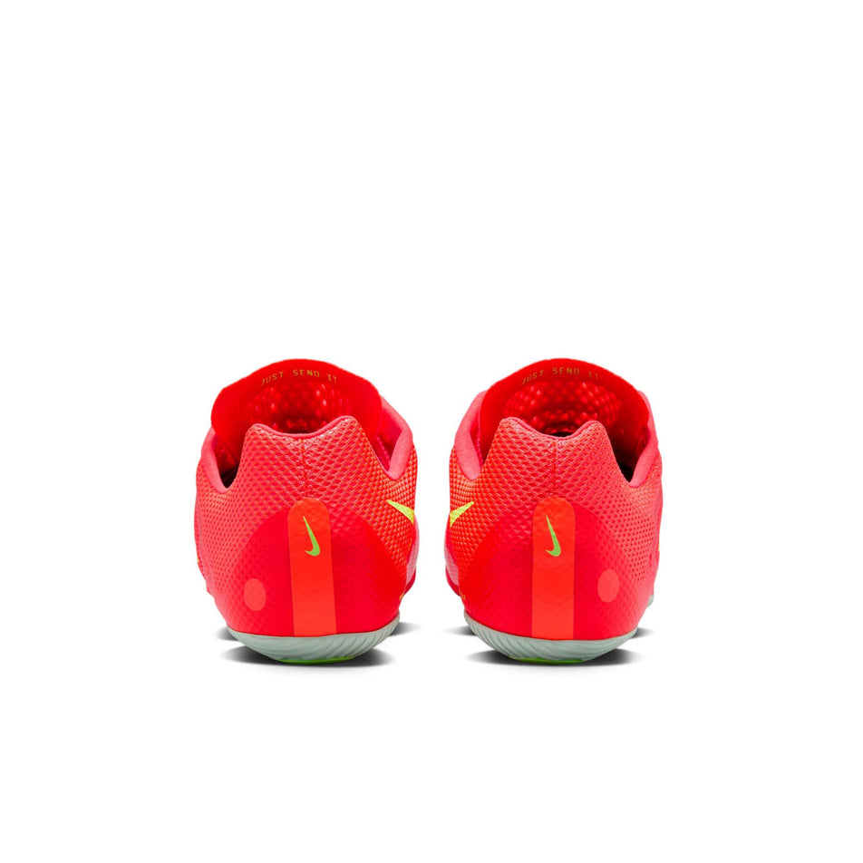 The back of a pair of Nike Unisex Zoom Rival Sprint Track & Field Sprinting Spikes in the Bright Crimson/Washed Coral-Hyper Orange colourway. (8654086111394)