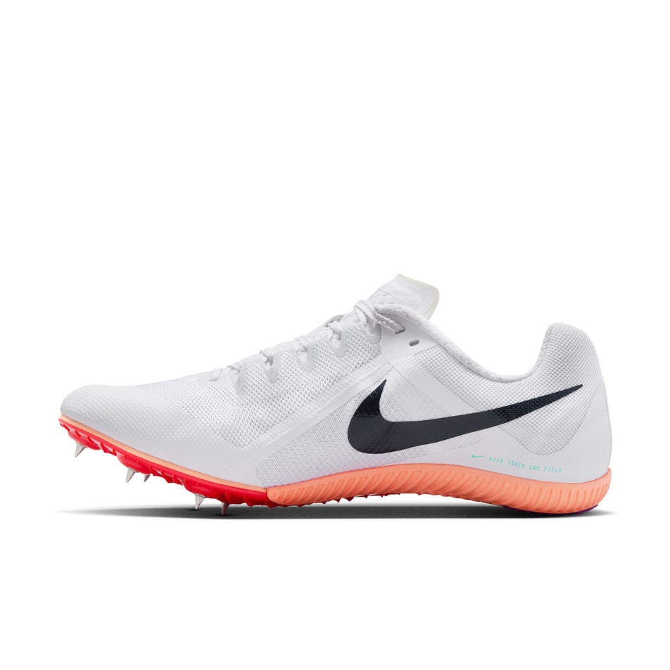 Medial view of the right shoe from a pair of Nike Unisex Zoom Rival Track & Field Multi-Event Spikes in the White/Obsidian-Bright Crimson colourway. (8756172783778)