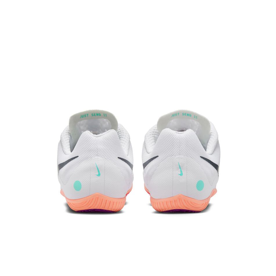 The back of a pair of Nike Unisex Zoom Rival Track & Field Multi-Event Spikes in the White/Obsidian-Bright Crimson colourway. (8756172783778)