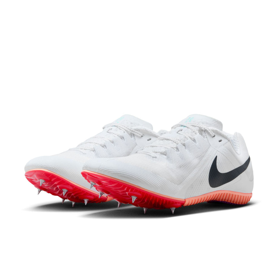 A pair of Nike Unisex Zoom Rival Track & Field Multi-Event Spikes in the White/Obsidian-Bright Crimson colourway. (8756172783778)