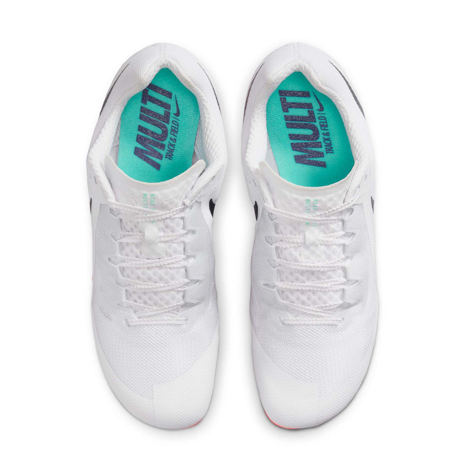 The uppers of a pair of Nike Unisex Zoom Rival Track & Field Multi-Event Spikes in the White/Obsidian-Bright Crimson colourway. (8756172783778)