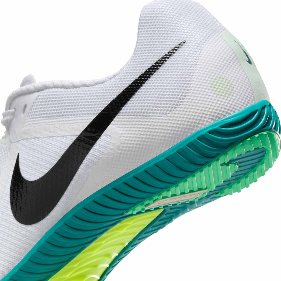 Close up of the heel area of the left shoe from a pair of Nike Unisex Zoom Rival Track & Field Multi-Event Spikes in the White/Black-Bright Spruce-Vapor Green colourway. (8654114029730)