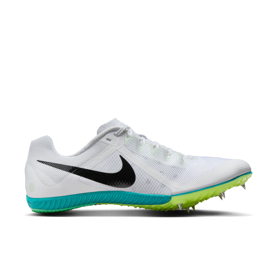 Lateral view of the right shoe from a pair of Nike Unisex Zoom Rival Track & Field Multi-Event Spikes in the White/Black-Bright Spruce-Vapor Green colourway. (8654114029730)