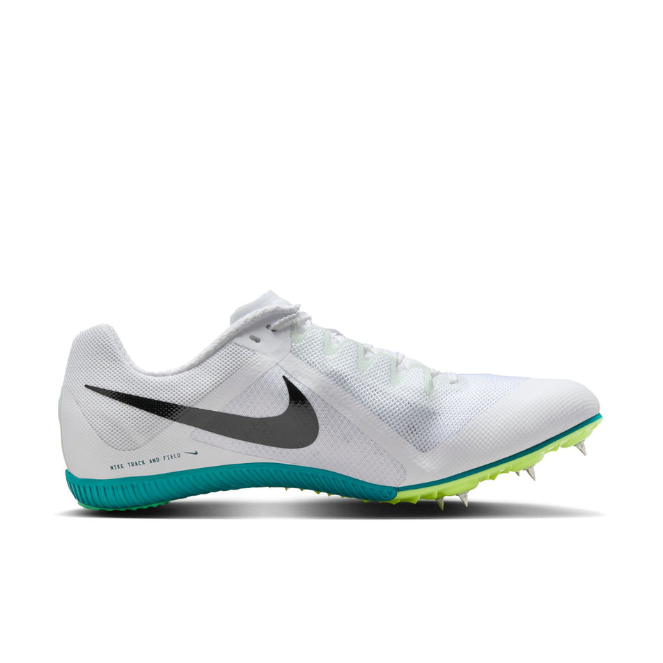 Medial view of the left shoe from a pair of Nike Unisex Zoom Rival Track & Field Multi-Event Spikes in the White/Black-Bright Spruce-Vapor Green colourway. (8654114029730)