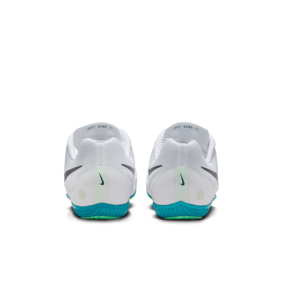 The back of a pair of Nike Unisex Zoom Rival Track & Field Multi-Event Spikes in the White/Black-Bright Spruce-Vapor Green colourway. (8654114029730)