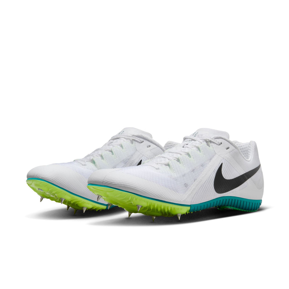 A pair of Nike Unisex Zoom Rival Track & Field Multi-Event Spikes in the White/Black-Bright Spruce-Vapor Green colourway. (8654114029730)