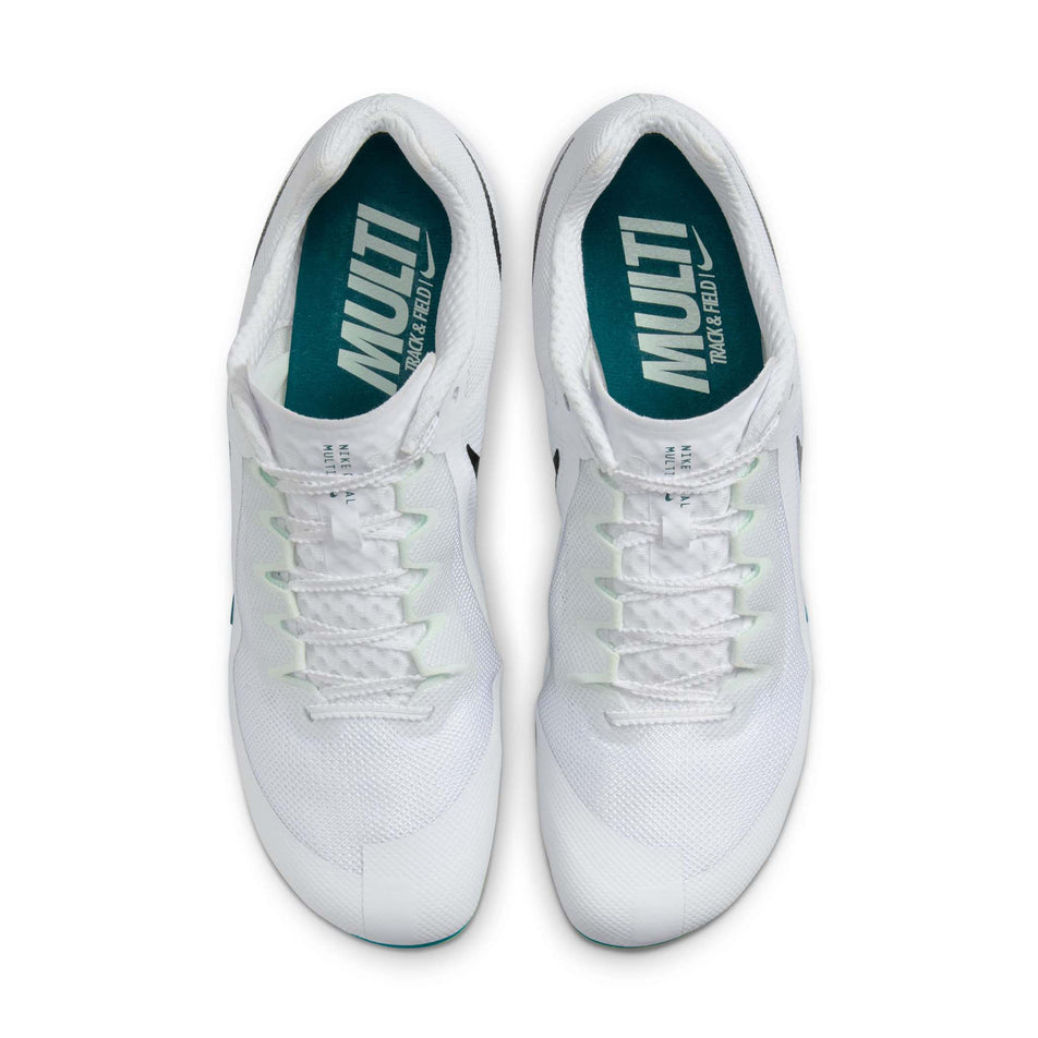 The uppers of a pair of Nike Unisex Zoom Rival Track & Field Multi-Event Spikes in the White/Black-Bright Spruce-Vapor Green colourway. (8654114029730)