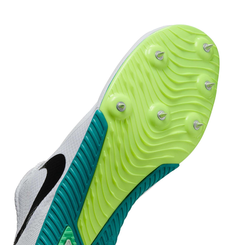 Close up of the spike plate of the right shoe from a pair of Nike Unisex Zoom Rival Track & Field Multi-Event Spikes in the White/Black-Bright Spruce-Vapor Green colourway. (8654114029730)