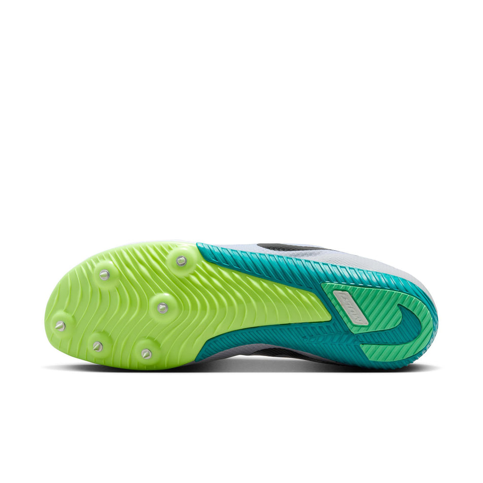 The outsole of the left shoe from a pair of Nike Unisex Zoom Rival Track & Field Multi-Event Spikes in the White/Black-Bright Spruce-Vapor Green colourway. (8654114029730)