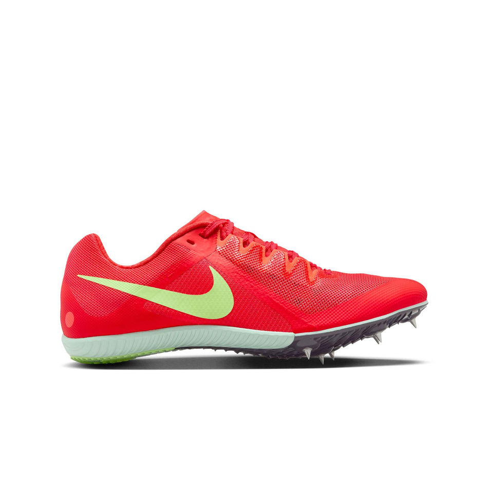 Lateral view of the right shoe from a pair of Nike Zoom Rival Track & Field Multi-Event Spikes in the Bright Crimson/Washed Coral-Lime Blast colourway. (8574678794402)