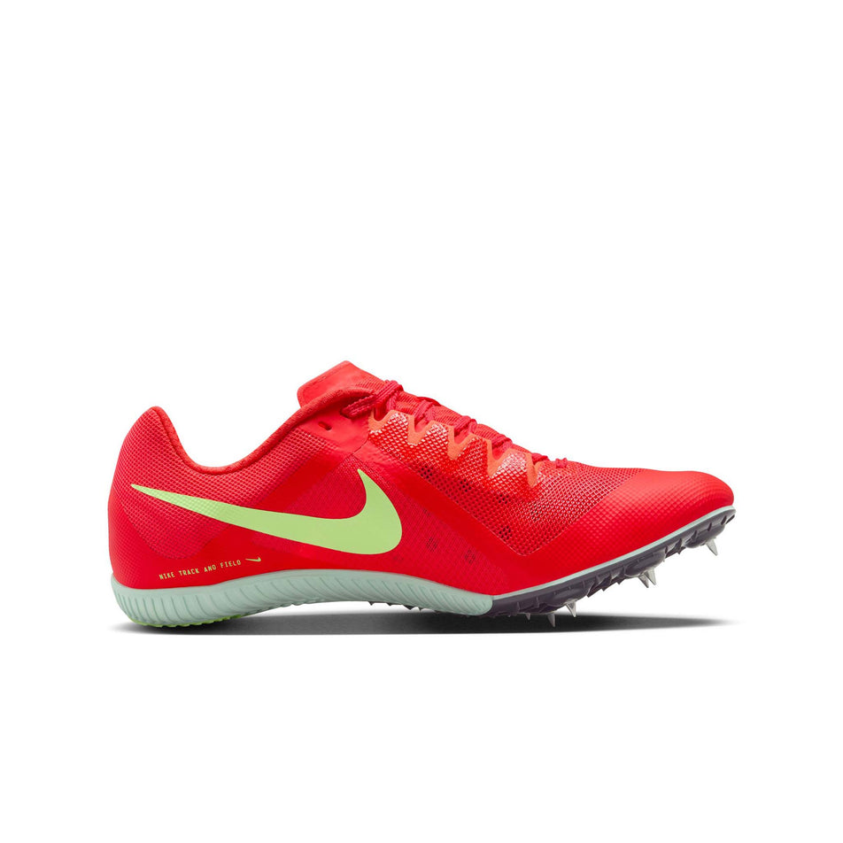 Medial view of the left shoe from a pair of Nike Zoom Rival Track & Field Multi-Event Spikes in the Bright Crimson/Washed Coral-Lime Blast colourway. (8574678794402)